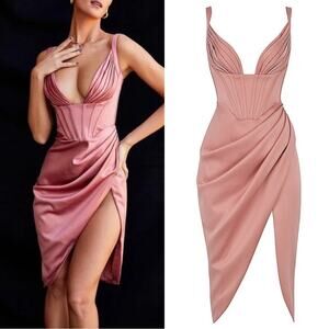 House Of CB Faye Satin Pleated Midi Dress Size Small NWT Rose Pink